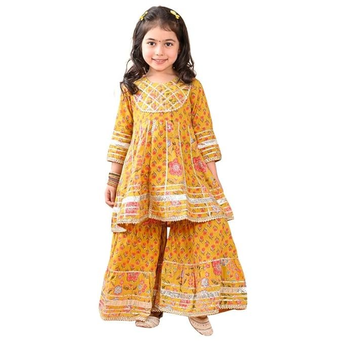 superminis Girls Cotton Floral Printed Gotta Work 3/4 Sleeves Flared Design Kurti & Sharara Set - Image 4