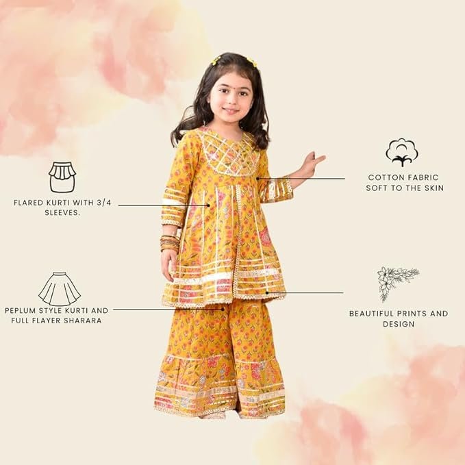 superminis Girls Cotton Floral Printed Gotta Work 3/4 Sleeves Flared Design Kurti & Sharara Set - Image 3