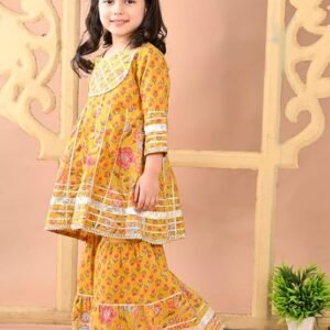 superminis Girls Cotton Floral Printed Gotta Work 3/4 Sleeves Flared Design Kurti & Sharara Set