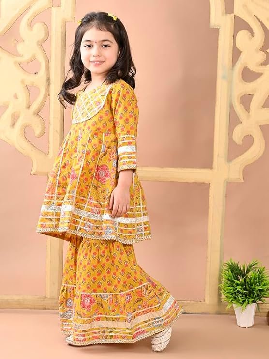 superminis Girls Cotton Floral Printed Gotta Work 3/4 Sleeves Flared Design Kurti & Sharara Set